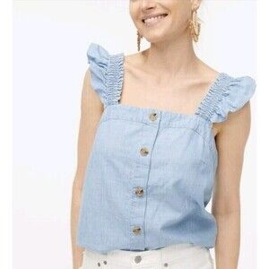 J.Crew‎ Women's Sz Small Chambray Button Front Tank Top Ruffle Straps Blouse N55